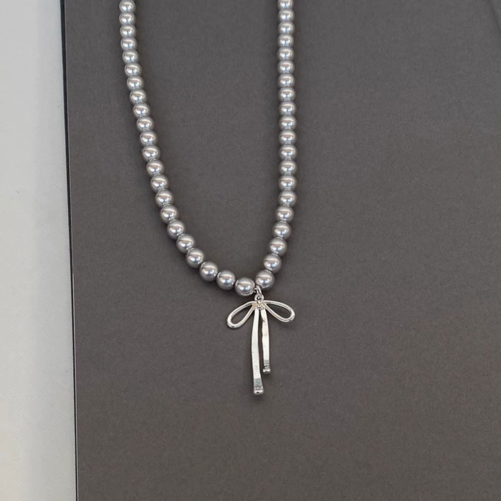 Silver Bead Clasps For Pearl Necklace - Gray Imitation Pearl Bowknot Pendant Necklace