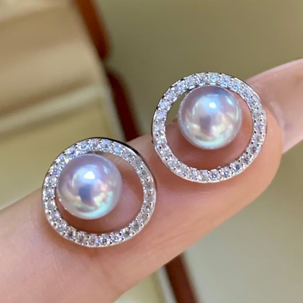 Akoya Pearl Stud Earrings Sterling Silver - 5-6mm Silver Blue Natural Japanese Akoya