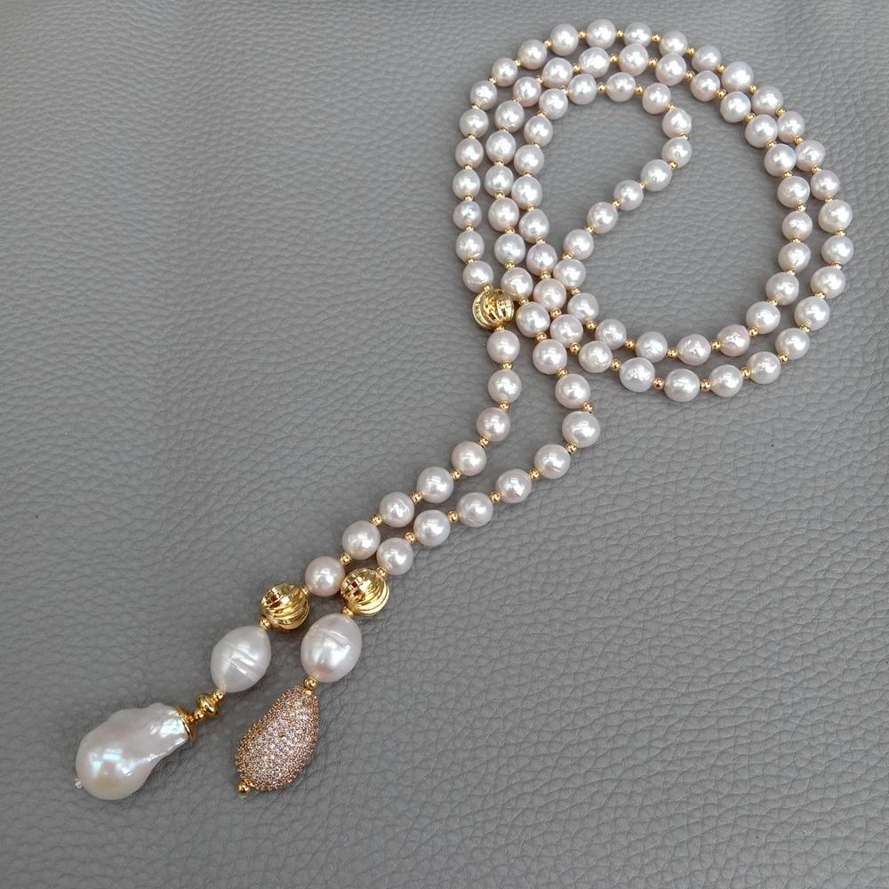 Freshwater Cultured Pearl Necklace 8-9Mm - KKGEM 15x22mm White Keshi Pearl CZ